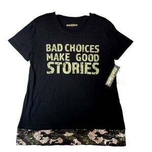 Madden NYC XL GI Jane T Shirt Bad Choices Make Good Stories Black Camo Sequin